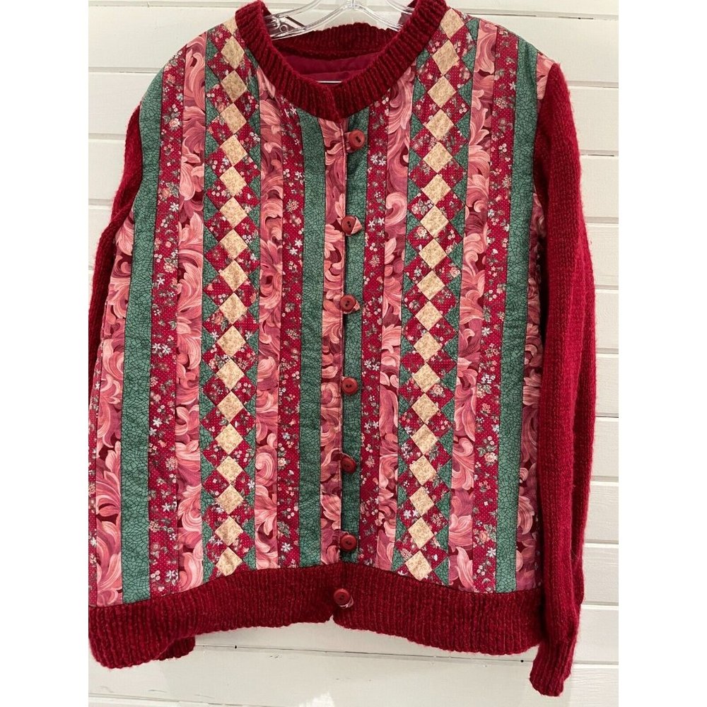 Vintage Handmade Jacket Women's Quilted Granny crochet jacket large burgundy